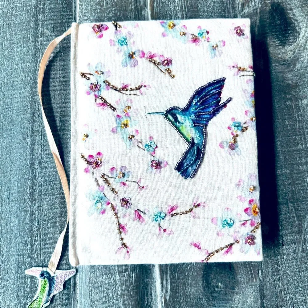 Beaded Hummingbird Floral Padded Pink Journal Notebook